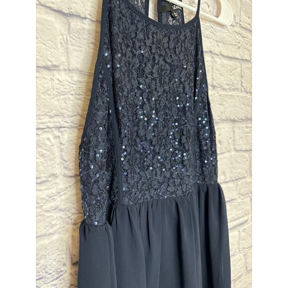 Lulu’s Navy Lace Bodice Chiffon Skirt Halter Short Dress Lace Racerback SZ SMALL - Picture 1 of 3